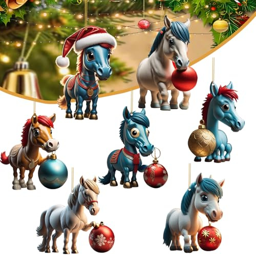 7 Stücke Weihnachtsbaum Pferde Anhänger, 2D Acryl Christbaumschmuck Pferd Figuren,Lustige Weihnachtsdeko Anhänger,Weihnachtskugel Pferd Christbaumanhänger