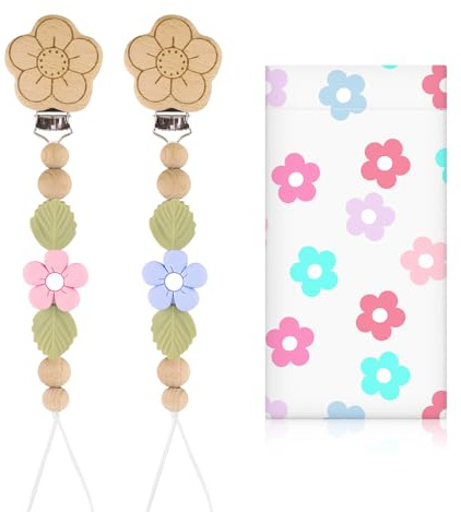 Bingtoo 2er Pack Baby Schnullerkette Silikon mit Sicherheitsclip, Pacifier Chain, Schnullerband für Jungen & Mädchen, Schnullerketten für Kinderwagen und Babytragen, Geschenk zur Geburt Mädchen