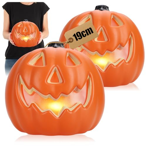 com-four® 2X Kürbis mit LED-Beleuchtung & Timerfunktion (6h an/18h aus) | Halloweenkürbisse als Hauseingangs- & Fensterdekoration - XL Kunststoff-Kürbisse