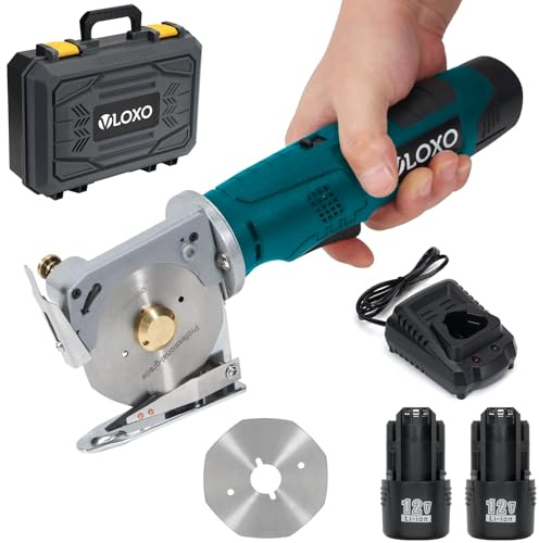 VLOXO Tragbarer Elektrischer Stoffschneider Kartonschneider Max 33mm | Industrieller Rollschneider Akku-Universalschneider 90 mm Klingengröße Rotationsschneider für Tuch Stoff Teppich PVC DIY