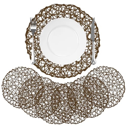 comfoyar Set di 6 Tovagliette Americane Rotonde Intrecciate in Carta, 33cm Antiscivolo Marrone Scuro Tovagliette Americane Tessute a Mano per Cucina Sala da Pranzo Decorazione, Tavola di Feste