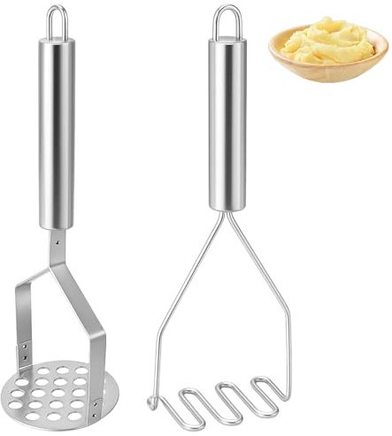 Potato Masher, 2-Piece Stainless Steel Potato Mashers Set for Kitchen, Linear 24×9.3×4.5cm and Round 23×7.3×7.3cm Mashers, Multifunctional Mashed Tool for Vegetables and Fruits