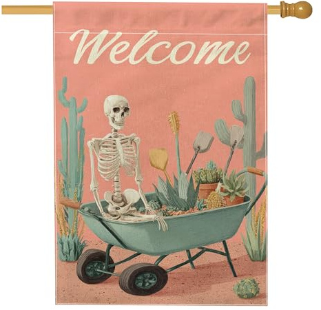 Bandera de esqueleto para casa, Halloween, carretilla de cactus, Halloween, arpillera de coral, doble cara, decorativa, para porche exterior, césped, patio, entrada, 28 x 40 pulgadas