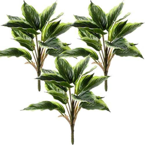 Hotop 3 Pack Variegated Hosta Artificial Plant for Summer Outdoor Decoration, 15.8 Faux Green Dieffenbachia Plant Greenery Aesthetic House Plants Outdoor Shrubs Indoor Office Yard Planter Filler