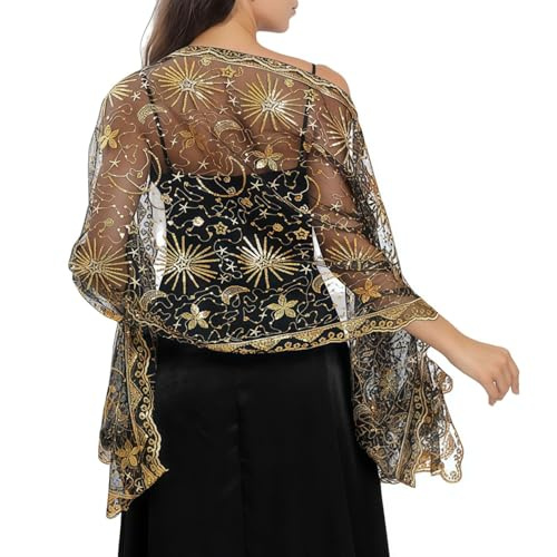 MANJIAMEI Damen Pailletten Schals und Wraps für Abendkleider, elegant bestickt, glitzernde Sterne, Monde, langer Schal, durchscheinendes Netzstoff, Hochzeitsstola für Brautdamen, Cocktailpartys
