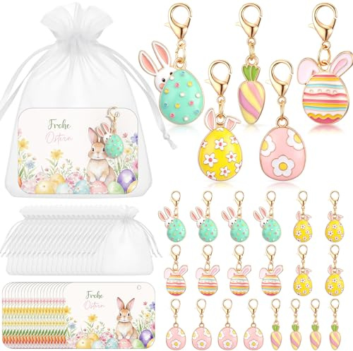 BBTO 20 Sets Ostern Gastgeschenk Schlüsselanhänger 20 Osterkarten 20 Schlüsselanhänger mit Ostereier Hasen und Karottenanhänger 20 Organzabeutel Ostergeschenk für Gäste Kollegen Frühlingsdekoration