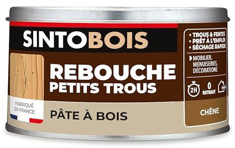 SINTO Pâte à bois tradition chêne moyen 250g | Rebouche les trous dans le bois, se ponce se perce se visse et se peint, prêt à l'emploi, sec en 2h, intérieur et extérieur