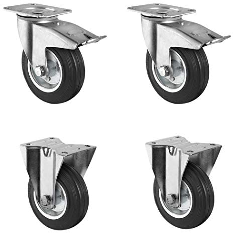 CASCOO SETTBFB100SWS4R0N Rollensatz 2 Lenkrollen mit Feststeller, 2 Bockrollen, Stahlfelge, Vollgummi, Durchmesser 100 mm, Transportrollen, Rollenlager, Traglast 225 kg (4-er Pack)