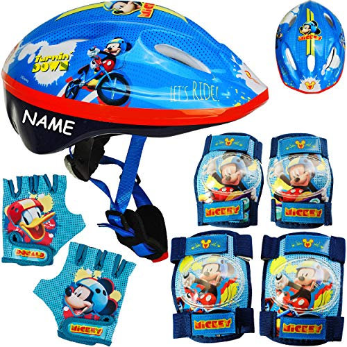alles-meine.de GmbH 7 TLG. Set: - Sicherheitsset - Kinderhelm/Fahrradhelm + Fahrradhandschuhe + Knie & Ellenbogenschützer - inkl. Name - - Mickey Mouse - Gr. 52-56 - Circa 3 ..