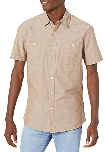 Amazon Essentials Men's Regular-Fit Short-Sleeve Button-Down Chambray Shirt, Tan, Large