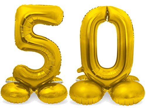 Stehende XXL-Folienballon-Set Zahl 50 in Gold als Deko für Geburtstag, Party, Jubiläum und Goldene Hochzeit | Höhe: 72cm mit Basis | kein Ballongas notwenig | Zahlen Ballon Dekoration Folienballons