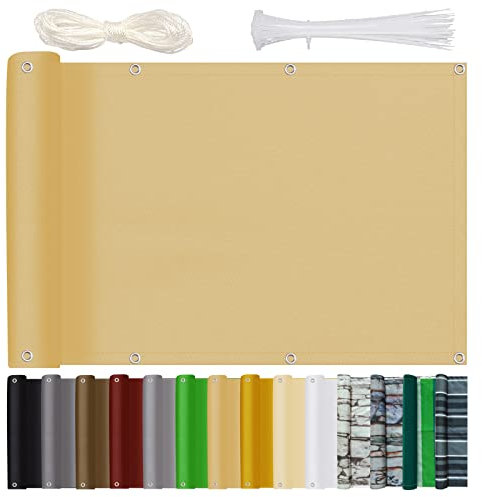Balkon Sichtschutz Ohne Bohren Balkonverkleidung 80x250cm Blickdichte Wind- Und Uv-Schutz Wetterfest Balkonsichtschutz mit Ösen Nylon Kabelbinder und Seil für Balkongeländer & Garten, Sand