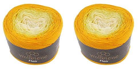 Wollbiene Flair Cotton 2x250g Bobbel Wolle Farbverlauf, 100% Baumwolle, Bobble Strickwolle Mehrfarbig (951 orange gelb)