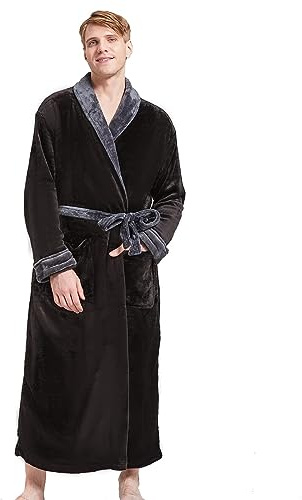 FashGudim Herrar badrockar stora och stora i full längd plysch fleece lång rock halsduk krage varm vinter män badrock, svart / grå, 3XL