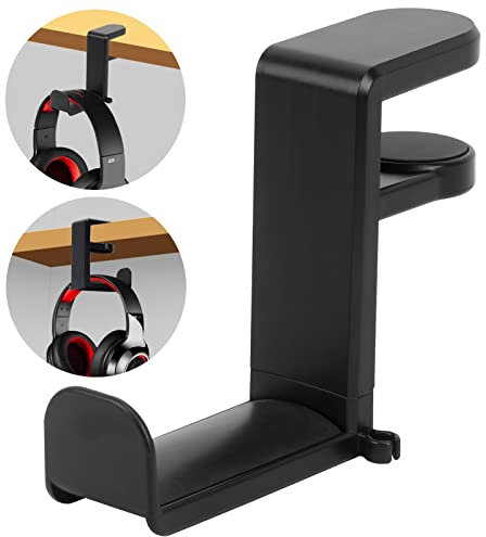 FYY Headphone Stand, Headset Hanger Holder, 360 Degree Rotation Adjustable Gaming Earphone Hook Under Desk Mount Headset Clamp with Cable Organizer Clip Black