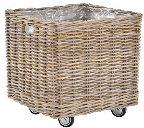 Korb-Outlet Großer Pflanzkorb Rattan grau XXL Pflanzkübel Blumentopf mit Rollen Rollkorb Rattankorb (Grau Natur, Eckig klein)