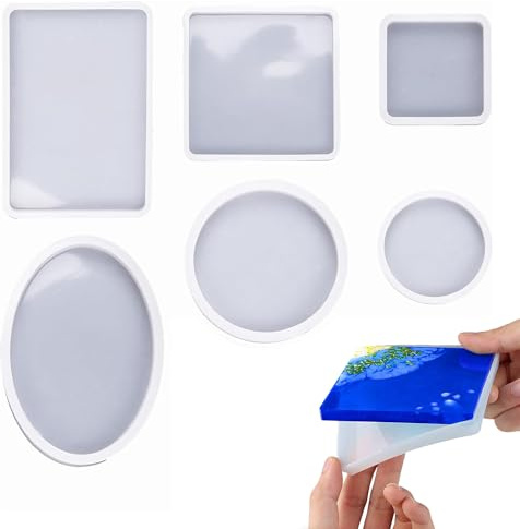 Bustlwor 6 stycken gör-det-själv silikonformar epoxiharts, set med epoxihartsformar, gjutform harts, rund fyrkantig hexagon, för gör-det-själv tebricka, fruktbricka, smyckesbricka, hantverk