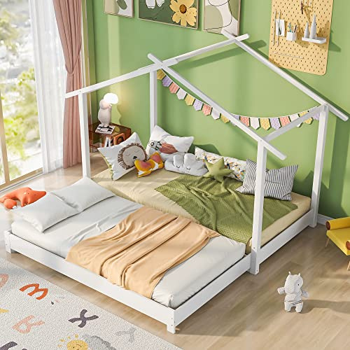 KecDuey Cama de madera maciza para niños y niñas, 90/180 x 190 cm, cama de suelo convertible con somier, color blanco