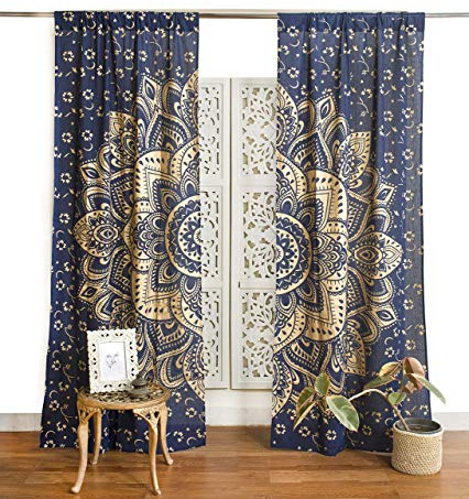 Popular Handicrafts Bedruckte Vorhänge für Wohnzimmer, Indische Hippie-Boho-Vorhänge mit schönem Mandala-Ombre-Farbverlauf für Schlafzimmer, Blau-Gold, 106,7 x 254,0 cm, 2er-Set