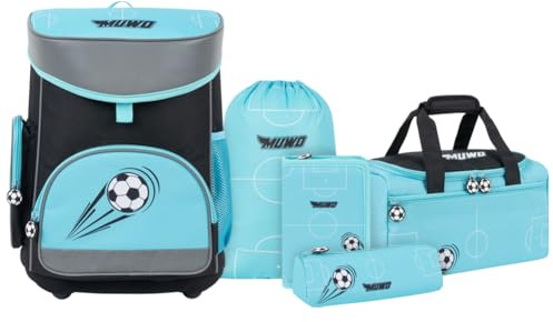 MUWO Kinder Schulranzen Set 5tlg. ergonomischer Leichter Schulrucksack mit Sporttasche, Turnbeutel, Federmappe, nur 920 Gramm (Fußball Design)