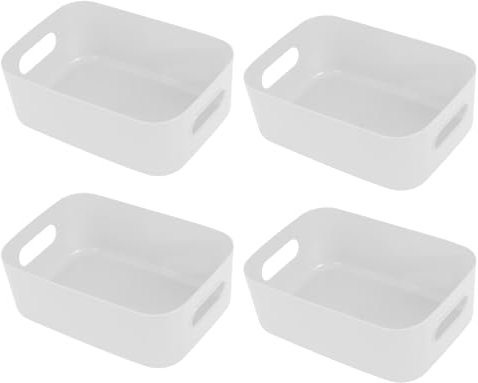 Hwtcjx 4 Piezas Cajas Organizadoras de Plastico, Cestas Almacenaje Cocina, Cesta de Almacenamiento con Asas, Caja Almacenamiento, Cestas Organizadoras para Oficina, Baño, 15.5 x 11 x 5.5 cm (Blanco)