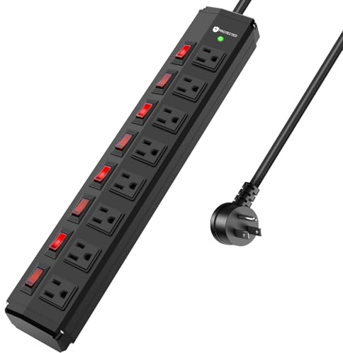 8 Outlet Heavy Duty Power Strip with 8 Individual Switches,Moutable Metal Power Strip Surge Protector 1200 Joules,6FT 14AWG Extension Cord,15A 1800W 125V 60Hz