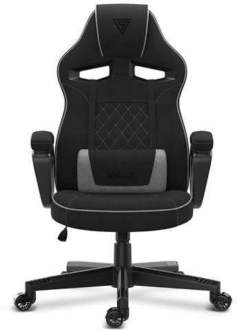 SENSE7 Gaming Stuhl Knight, Ergonomischer Gaming Sessel Mir verstellbaren Lendenkissen, Gaming Chair mit Wippfunktion, Gepolsterte Armlehnen, Stoff Bürostuhl bis 120kg, PC Stuhl Schwarz-Grau