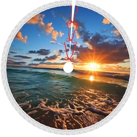 Schöner Weihnachtsbaumrock mit Sonnenaufgang, Ozean-Druck, wiederverwendbar, 76,2 cm, Weihnachtsbaummatte mit Quaste, Weihnachtsdekoration für Neujahr, Urlaub, drinnen und draußen, Weihnachtsschmuck