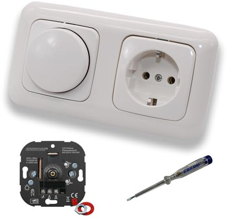 EBROM 1001 LED Drehdimmer Dimmer + Busch Jäger Dimmerscheibe 2115-214 und Steckdose 20EUC-214 in Reflex Si alpinweiß glänzend inklusive EBROM Phasenprüfer zur Montage der Geräte