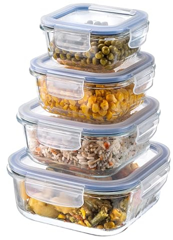KADAX Contenitori per la Conservazione degli Alimenti in Vetro con Coperchi Ermetici e Sicuri per la Massima Freschezza del Cibo (Quadrati, Set di 4)