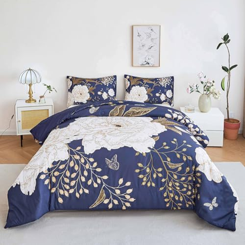 STYHO Blue Duvet Cover Sets Floral Double 3Pcs Large White Flowers Bed Cover Soft Reversible Botanical Butterfly Printed Duvet Covers for All Seasons(Blue, Double)