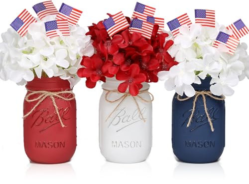 4th of July Mason Jar Centerpiece for Table with Artificial Flowers & American Flags, Set of 3 Decorative Jars for Patriotic Party Supplies, Decorations for Independence, Memorial, Veterans Day