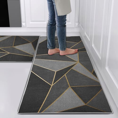 Hoimlm Küchenteppiche 2 Stück Küchen Läufer Modern Waschbar, Geometrisches Muster Küchenmatte rutschfest Für Küche, Esszimmer,43x75cm+43x150cm,Schwarze Geometrie