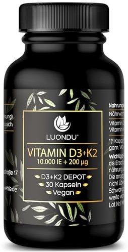 Luondu Vitamin D3 10.000 I.E + Vitamin K2 MK7 200 mcg Depot (Hochdosiert & Vegan) Vitamin D3 K2 Kapseln hochdosiert (30 Kapseln) - Verpackung kann variieren