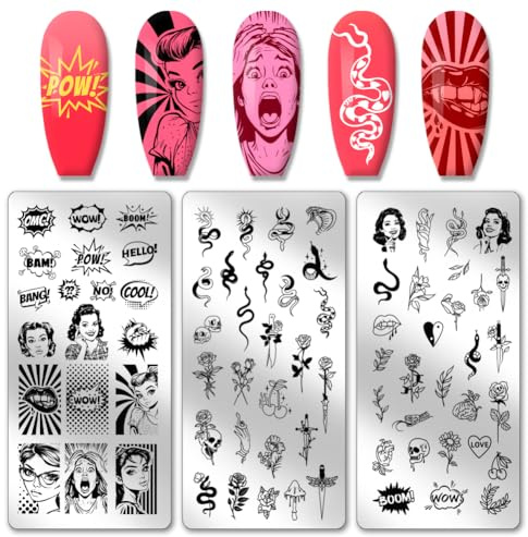 PH PandaHall 3 pz Piastre per Timbri per Unghie con Testo Comico, Avatar Retrò Serpente Rosa Teschio Nail Stamper Nail Art Stencil per Nail Art Design Manicure Salone