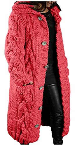 YIzdegg Stickad kappa lång dam kofta med huva jultröja stickade toppar långärmad smal passform stickad tröja varm damtröja tröja lång kofta sweatshirt dam tunika, röd, L