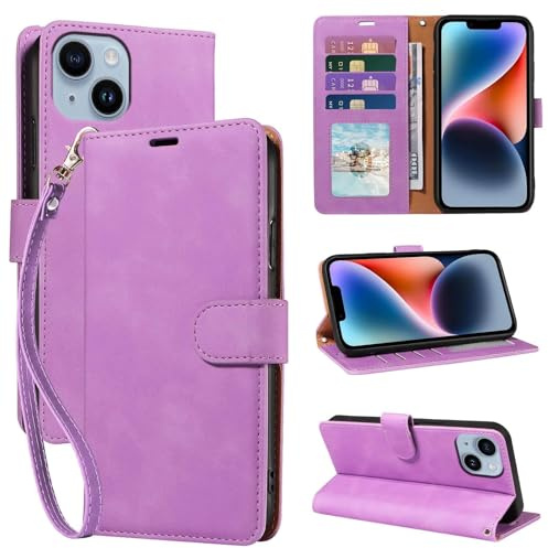 GOTOURED for iPhone 14 Phone Case Wallet, RFID Blocking Card Holder, Purple | 4 Card Slots, Wrist Strap, Soft PU Leather Flip Cover, Kickstand, Cash Pocket, Magnetic Closure, TPU Shell Protective