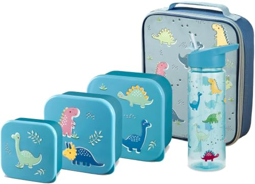 Boys Lunch Bag Set, Dino Straw Sipper, 3 Pack Nested Boxes, Tiny to Tots Unisex Multicompartment Storage School Lunch Food Set, 500ml Water Bottle (Dino Nested Boxes + Lunch Bag + Straw Sipper)