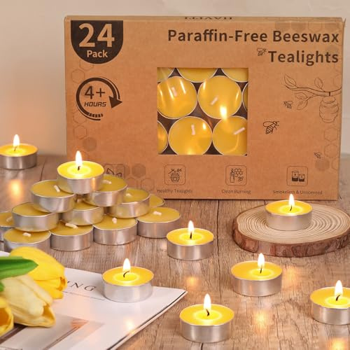 24 Packungen Bienenwachs-Teelichter, reines Bienenwachs, Teelichter, Kerzen, natürliches Bio-Bienenwachs, Teelichter, Kerzen, geruchlos, rauchfrei, saubere Brenndauer mit 4 Stunden Brenndauer