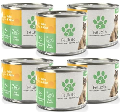 Fellicita Premium Nassfutter für Katzen, Huhn & Käse, 6er Pack, 6 x 200g | Multiprotein, hochwertiges Katzennassfutter, getreidefrei, leckere Pastete, Alleinfuttermittel