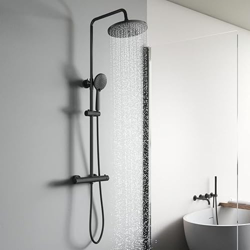 KOMIRO Duschsystem mit thermostat, Duschsystem Schwarz, Duscharmatur mit Thermostat, Duschsäule Höhenverstellbare, Regendusche Kopfbrause und 5 Strahlarten Handbrause, Runde (style1)