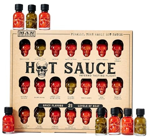 Man Crates Spicy Hot Sauce Inferno, Skull Bottle Collection, Set of 21 | Hot Sauce Challenge, Spicy Condiments, Gift for Men, Heat Lovers, Grill Master Gift, BBQ & Ghost Pepper