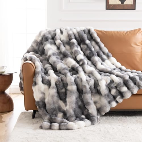 IKALIFE Faux Rabbit Fur Blanket - Warm Thick Fluffy Large Throw, Super Soft Cozy Plush Bubble Blanket For Sofa Bed Couch, Luxury Fuzzy Cosy Throws (150x200cm, Tie-Dye Grey)
