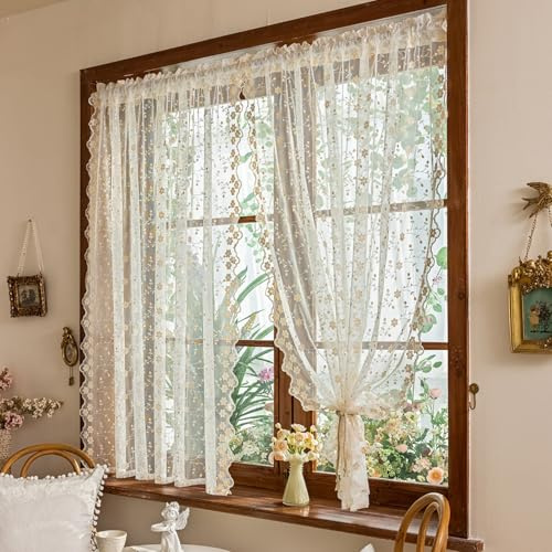 Scheibengardinen Landhausstil mit Stickerei Blumen Muster, Voile Vorhang Gardine Transparente Spitze Blumenstickerei Kurzvorhang Küchengardine Transparent Kaffee Gardinen (140×46cm,Pflaumenblüte)