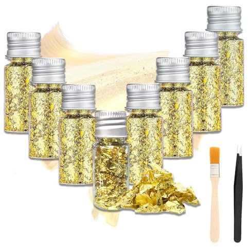 8 Flasche Blattgold Essbar, Dessert Goldfolie Flocken Multifunktion Blattgold Blätter Lebensmittel-Goldfolie Dekoration für Mousse-Kuchen Backen Schokolade Kunsthandwerk Dekoration(+1 Clip+1 Pinsel)