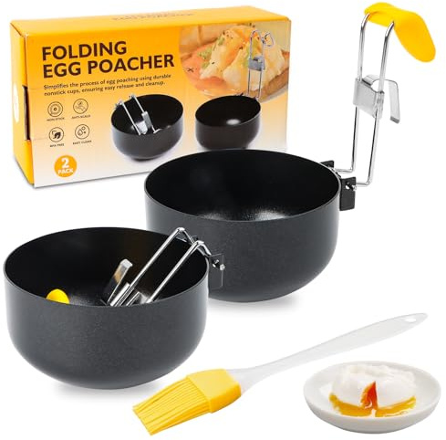 2pcs Egg Poacher Pan, Folding Poached Egg Maker Egg Cooker with Brush, Non-Stick Poached Egg Maker, Egg Ring Collapsible Hang Egg Boiler, Non-stick Egg Poacher for Perfect Boiled Eggs for Kitchen Tool