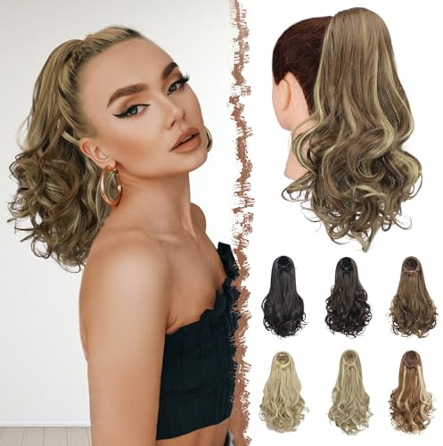 FESHFEN Zopf Pferdeschwanz Haarextension mit kordelzug, 38 cm Wellig Lockig Synthetik Haarverlängerung Clip in Haarteil Ponytail Kunsthaar Haarzopf für Damen, Hellbraun & Blond