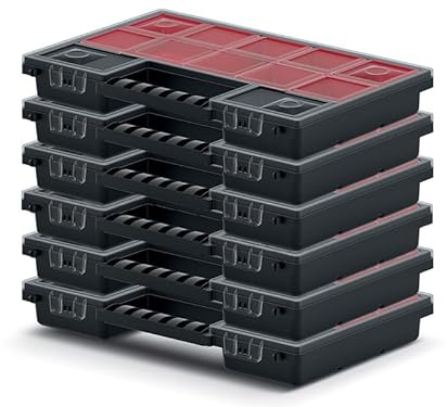 PECZEKO Sortimentskasten mit herausnehmbaren roten Fächern ideal für Kleinteile, Werkzeug und Organisation Kunststoff (6er-Set) 30cm