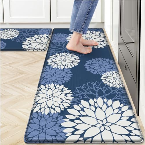 SofterCharm Kitchen Mats, 2PCS Non-Slip Cushioned Rugs, Anti-Fatigue Waterproof Floor Rug, Washable Standing Desk Mat, Home Laundry Office Apartment Decor and Accessories (17.3 ×47 +17.3 ×30-Blue)