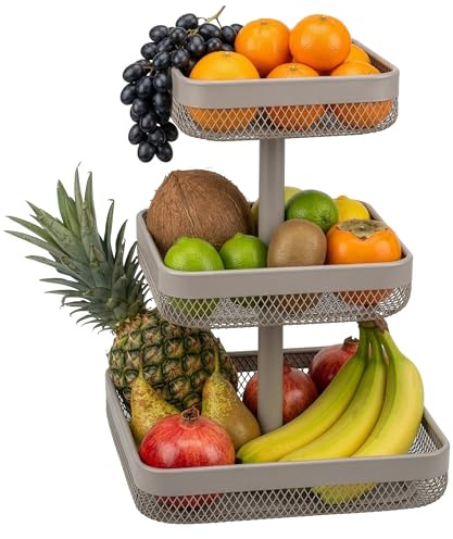 eluno 3-stöckige eckige Obstetagere/Brotkorb, Etagere, Obstschale, Obstkorb, viel Platz für die übersichtliche Lagerung von Obst, Gemüse, Brot und Snacks in Küche und Wohnzimmer aus Metall (Taupe)